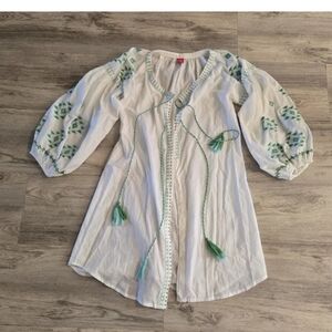 Raj White Green Sz M Embroidery Button Down Swim Cover Up Tassels Robe